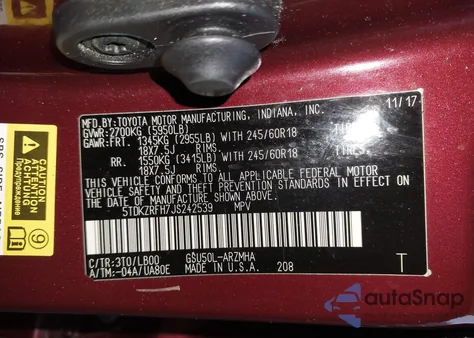 2018 Toyota Highlander Xle z USA, uszkodzony, nr VIN 5TDKZRFH7JS242539